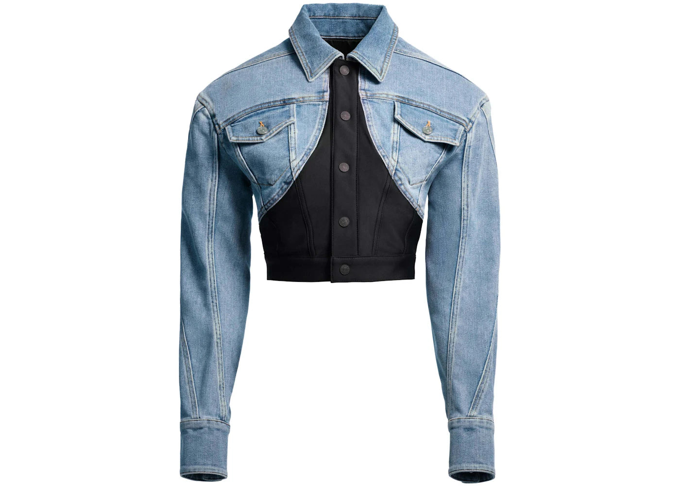 Mugler H&M Defined-Waist Denim Crop Jacket Light Denim Blue/Black