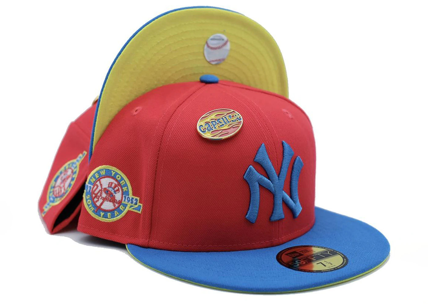 New Era New York Yankees Hot Rod Collection 50th Year Capsule Hats Exclusive 59Fifty Fitted Hat (Friends and Family) Infrared/Yellow