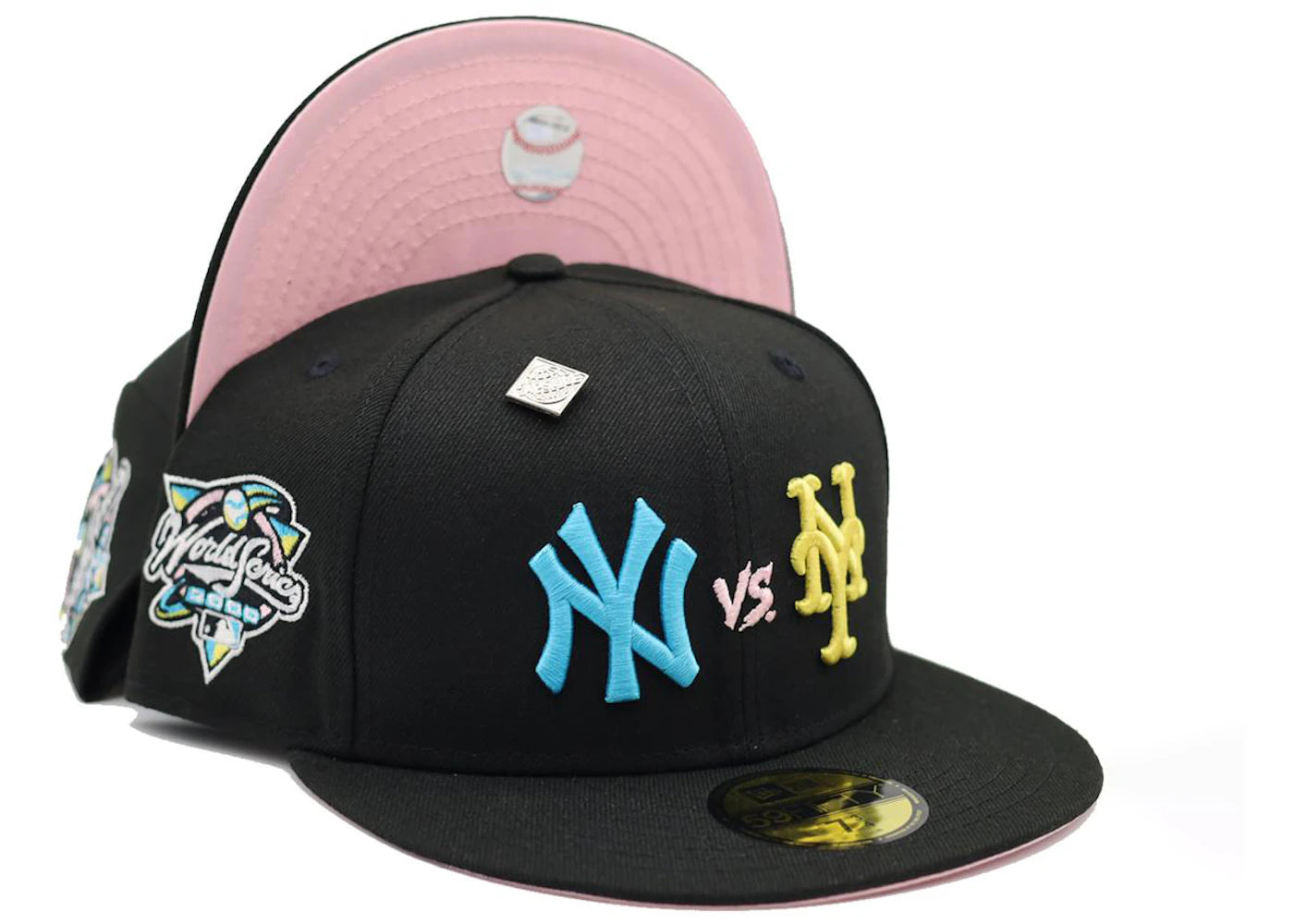 New Era New York Yankees vs Mets Tulip Collection 2000 World Series Patch Capsule Hats Exclusive 59Fifty Fitted Hat Black/Pink