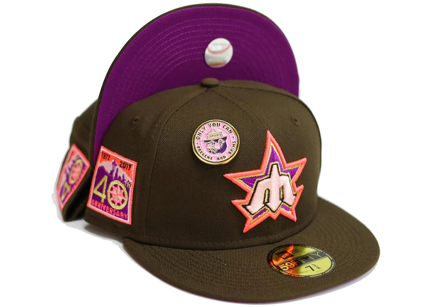 New Era Seattle Mariners No Bad Brims 2.0 40th Anniversary Capsule Hats 59Fifty Fitted Hat Brown/Purple