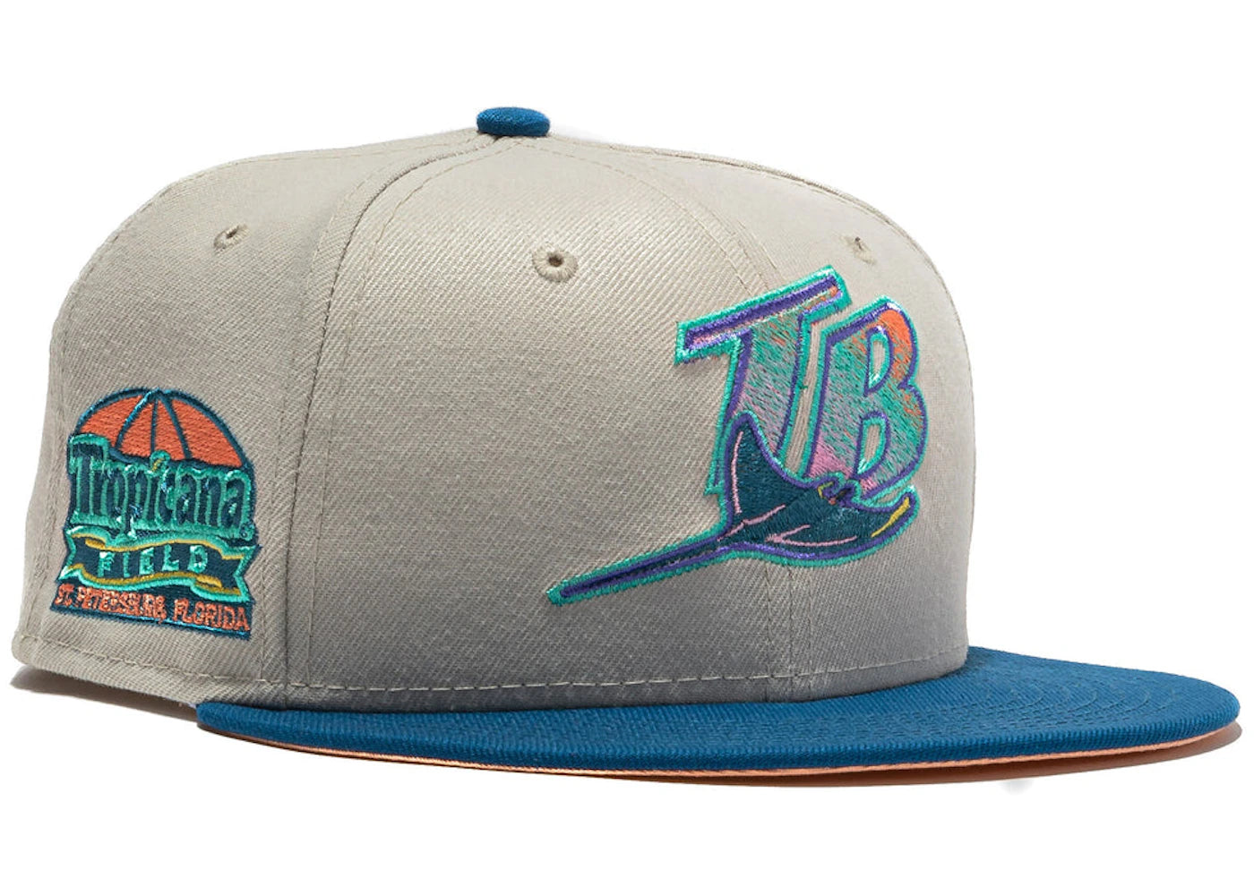 New Era Tampa Bay Ocean Drive Rays Tropicana Field Patch Hat Club Exclusive 59Fifty Fitted Hat Stone/Indigo/Peach