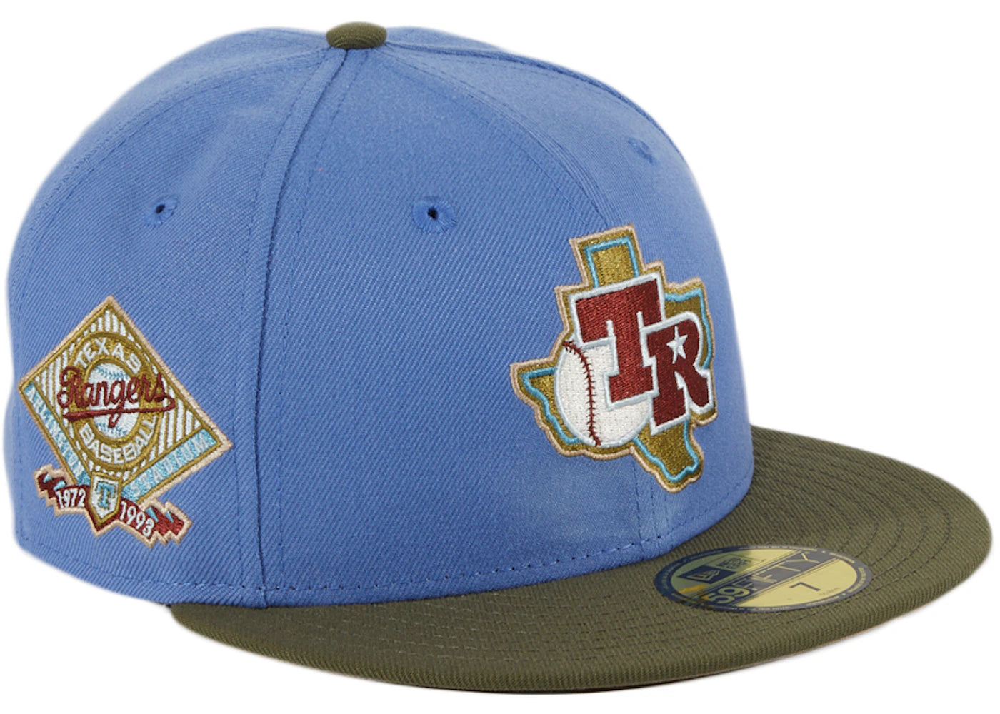 New Era Texas Rangers Great Outdoors Arlington Stadium Patch Hat Club Exclusive 59Fifty Fitted Hat Indigo/Olive