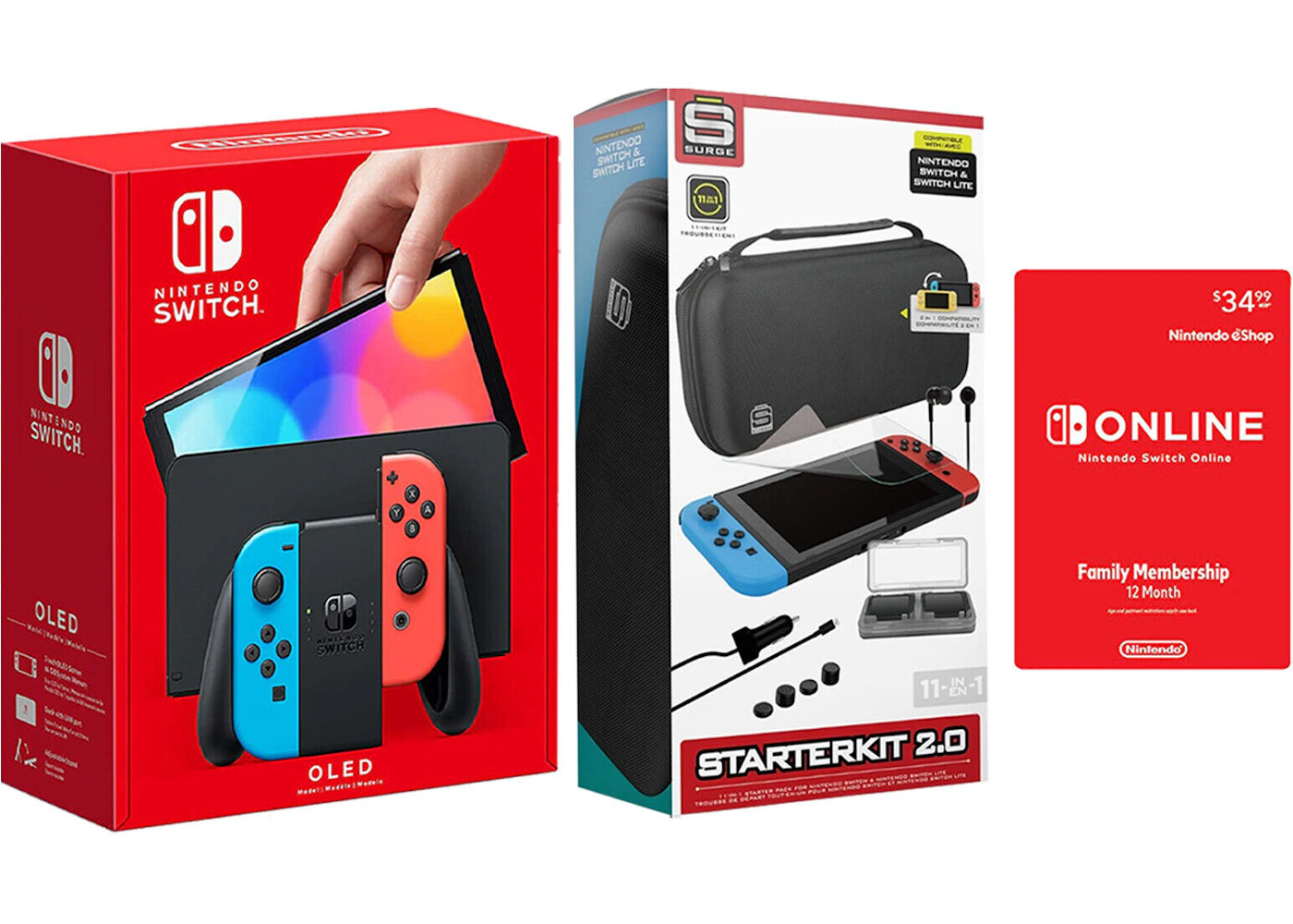 Nintendo Switch OLED with Online 12 Month Family Membership and Surge 11-In-1 Accessory Starter Pack Bundle NS-HEGSKABAA/SG60047 Neon Blue/Neon Red