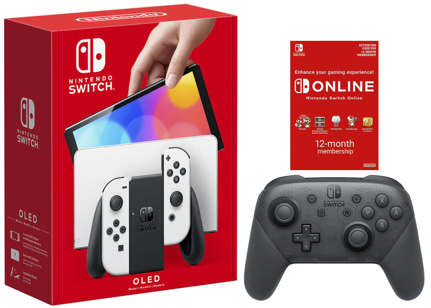 Nintendo Switch OLED with Pro Controller and Online 12 Month Family Membership Bundle NS-HEGSKAAAA White