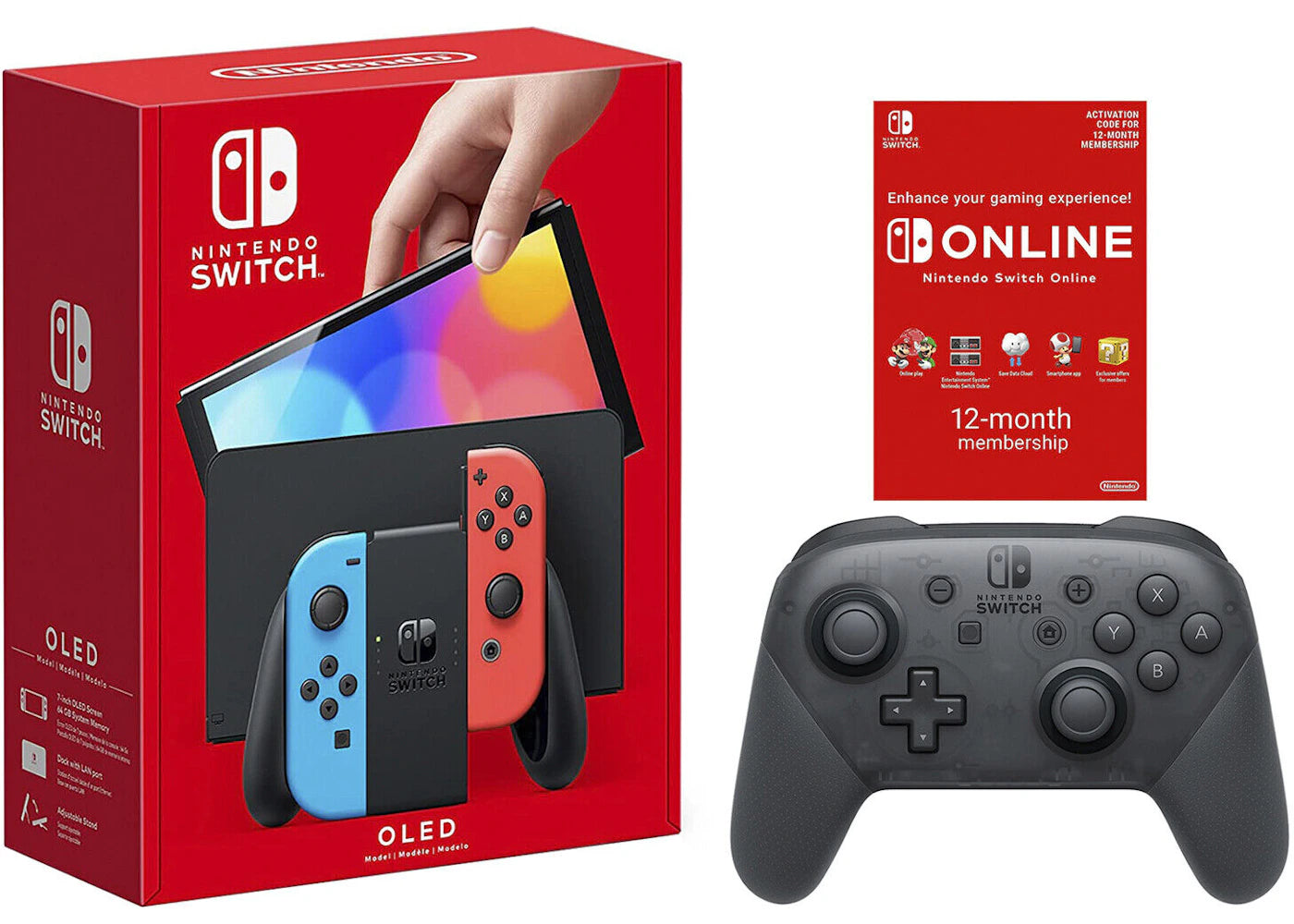 Nintendo Switch OLED with Pro Controller and Online 12 Month Family Membership Bundle NS-HEGSKABAA Neon Blue/Neon Red