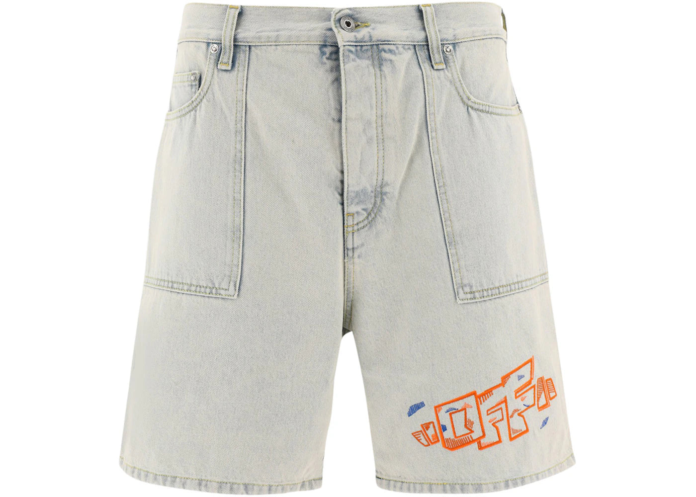 OFF-WHITE Utility Embroidered-Logo Denim Shorts Light Blue/Orange