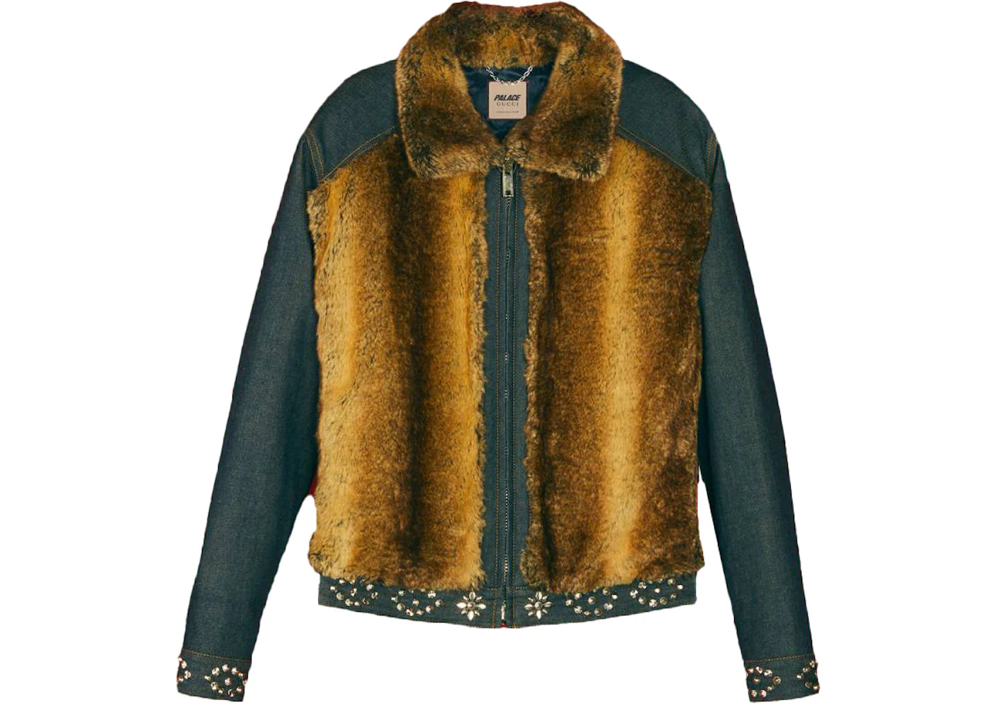 Palace x Gucci Crystals and Studs Details Denim/Faux Fur Jacket Dark Blue Denim