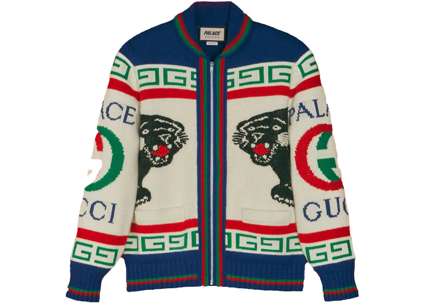 Palace x Gucci Wool Jacquard Knit Logo Bomber Ivory/Light Blue