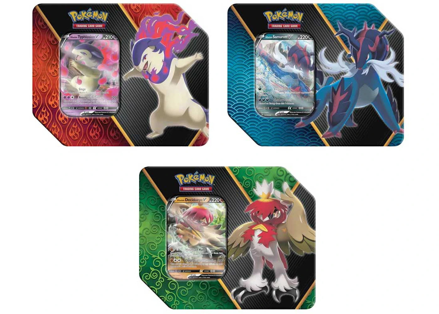 Pokémon TCG Divergent Powers Hisuian Decidueye V/Hisuian Typhlosion V/Hisuian Samurott V Tin 3x Bundle