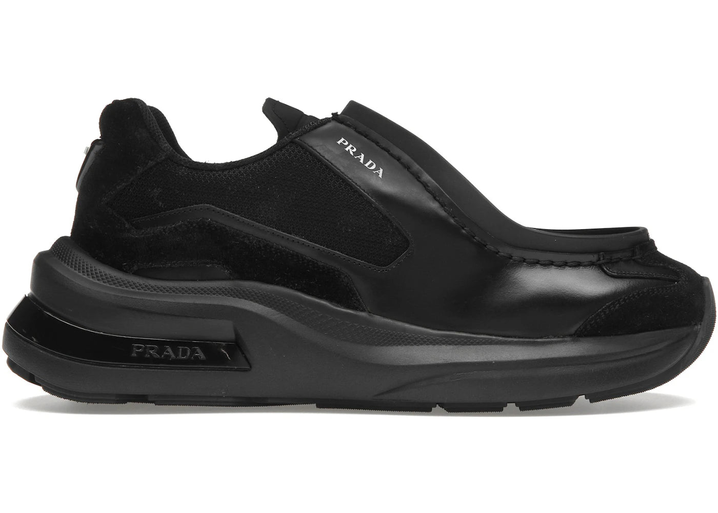 Prada Brushed Leather Sneakers Bike Fabric Suede Black