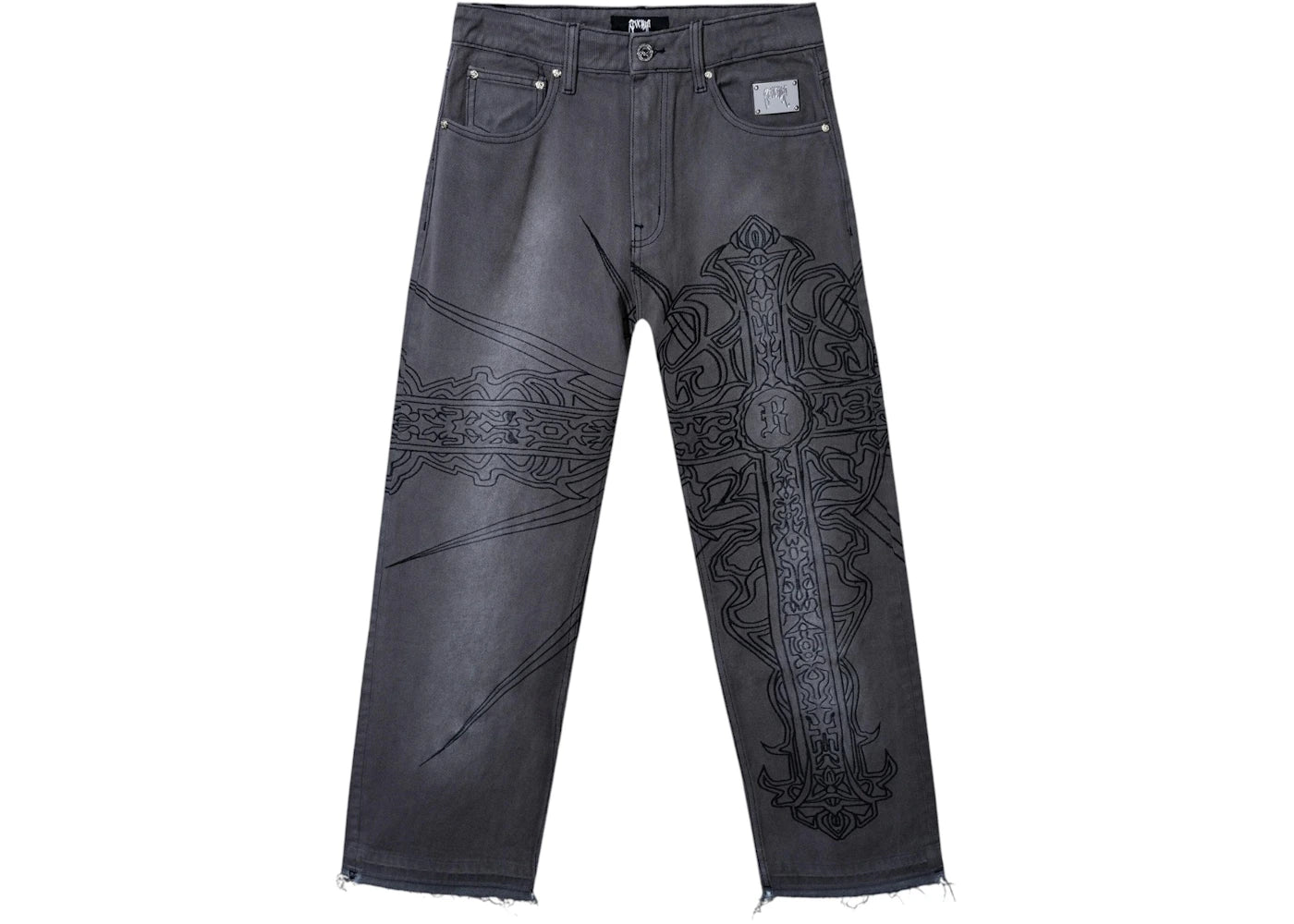 Revenge Spike Cross Embroidered Denim Pant Grey