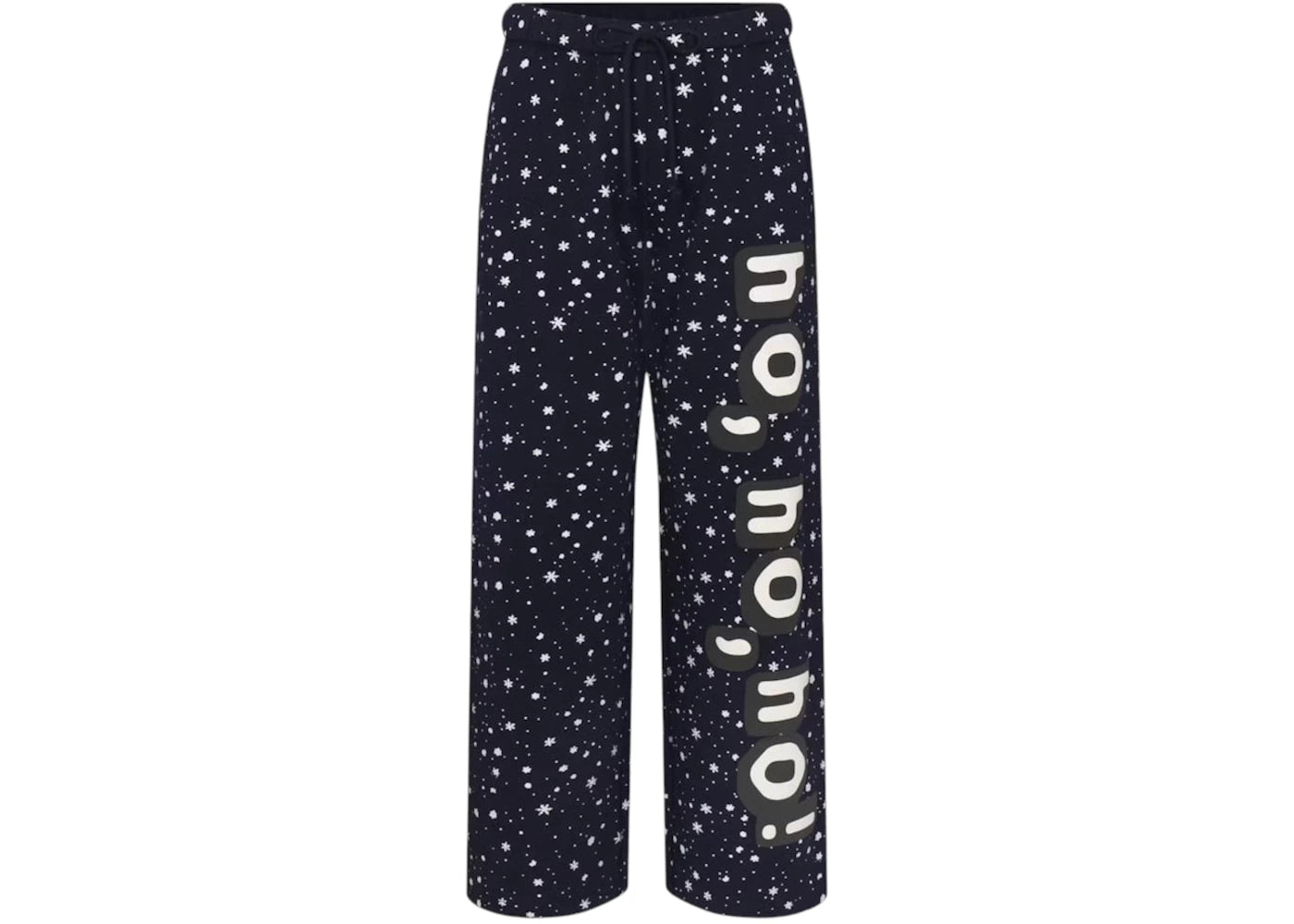SKIMS Women's Cotton Fleece Straight Leg Pant Navy Ho Ho Ho Snow Print