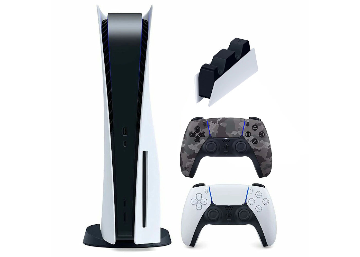 Sony Playstation 5 PS5 Disc Console with Extra DualSense Wireless Controller + DualSense Charging Station Bundle (US Plug) 1000032115/1000030606/3005837 Camo Grey