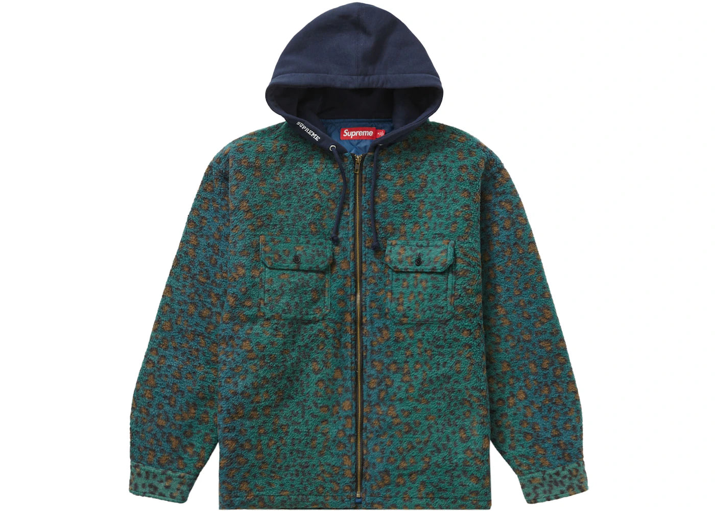 Supreme Fleece Zip Up Hooded Shirt Teal Leopard