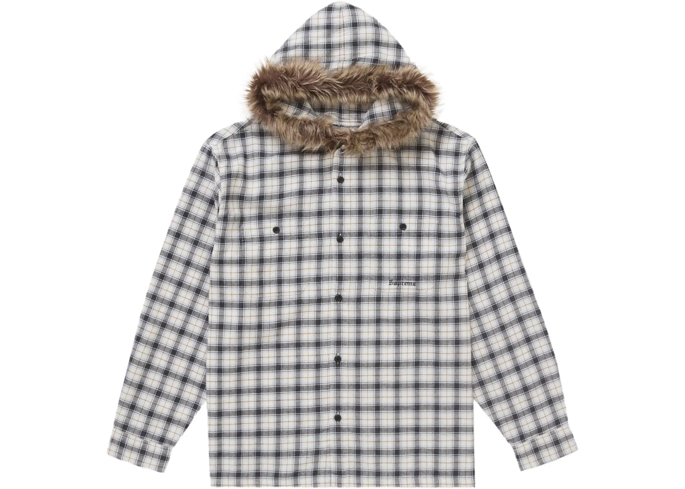 Supreme Fur Trim Flannel Hooded Shirt White Plaid