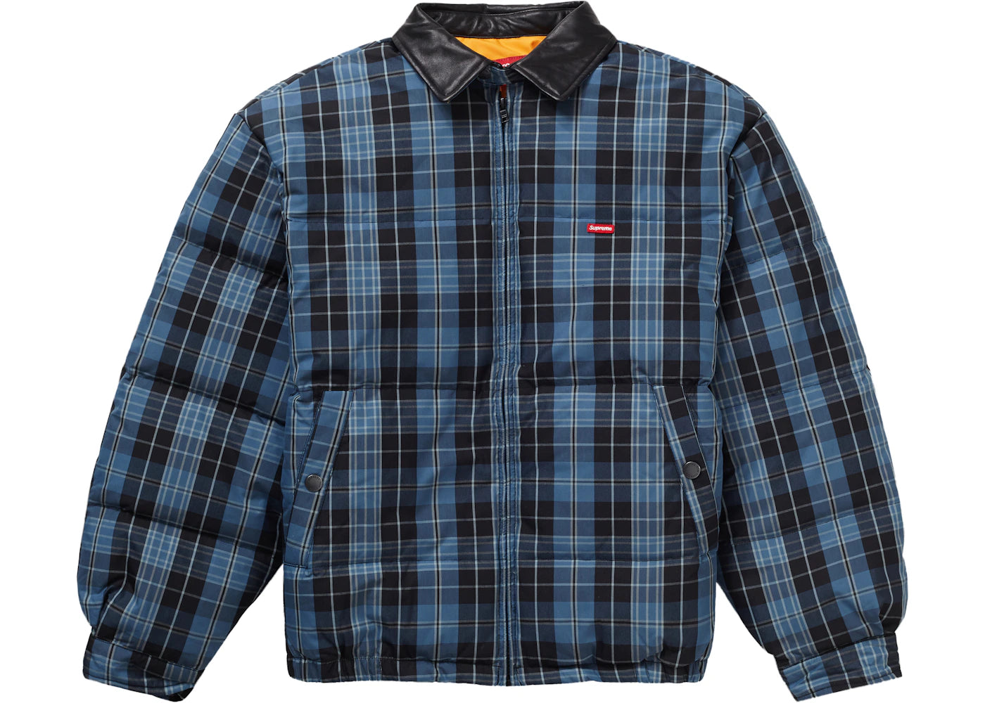 Supreme Leather Collar Puffy Jacket Blue Plaid