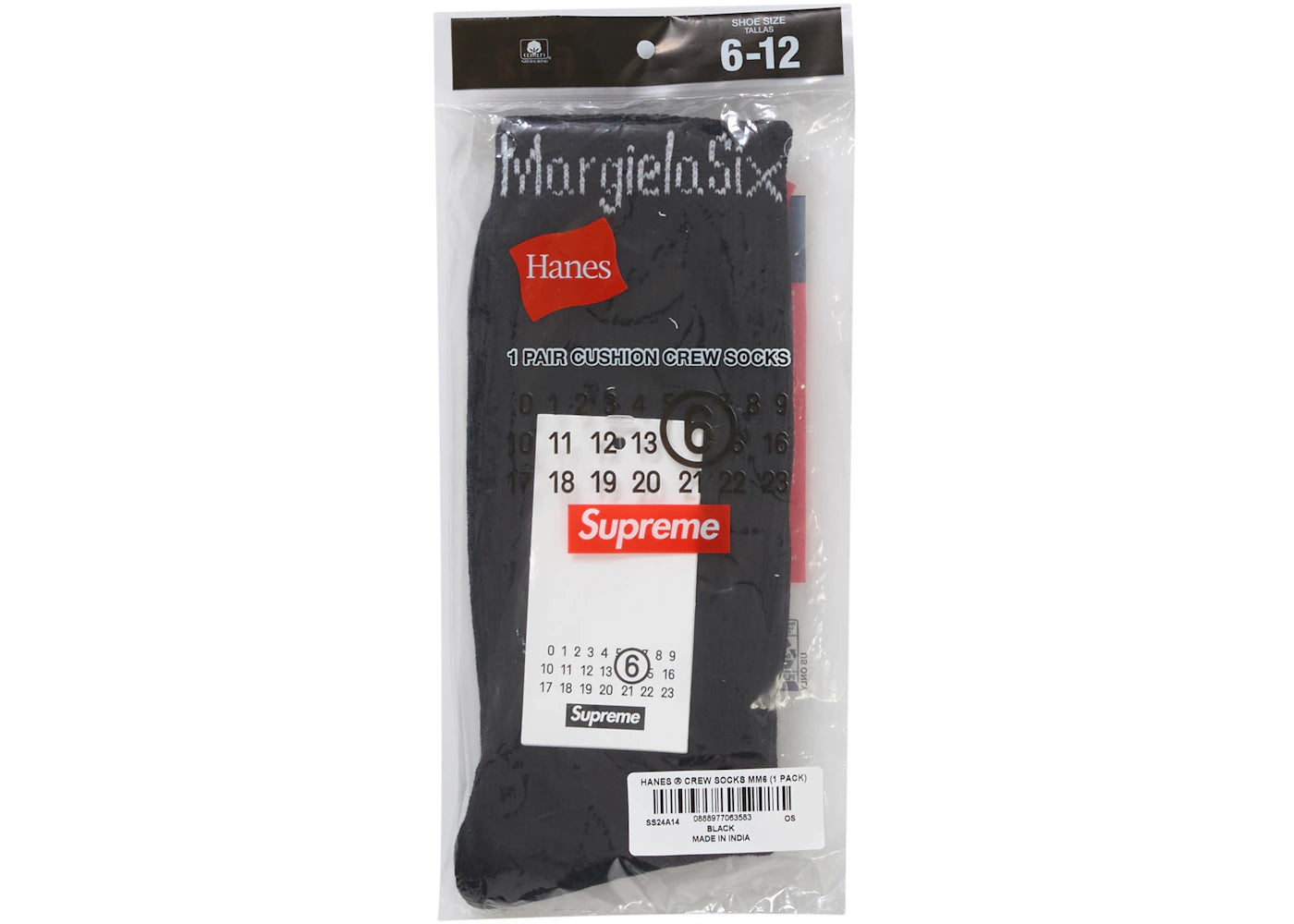 Supreme MM6 Maison Margiela Hanes Crew Socks (1 Pack) Black