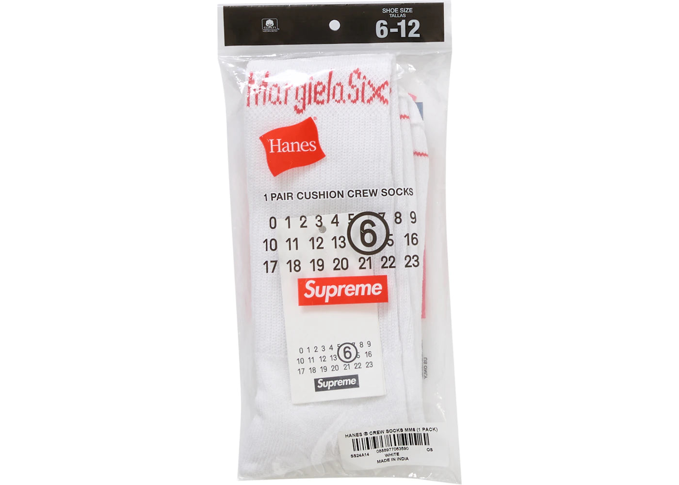 Supreme MM6 Maison Margiela Hanes Crew Socks (1 Pack) White