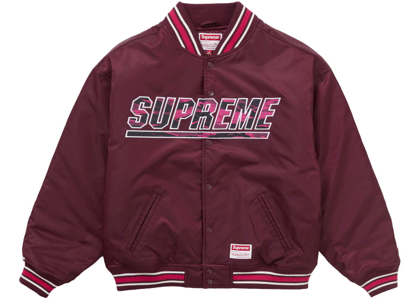 Supreme Mitchell & Ness Camo Logo Varsity Jacket Burgundy