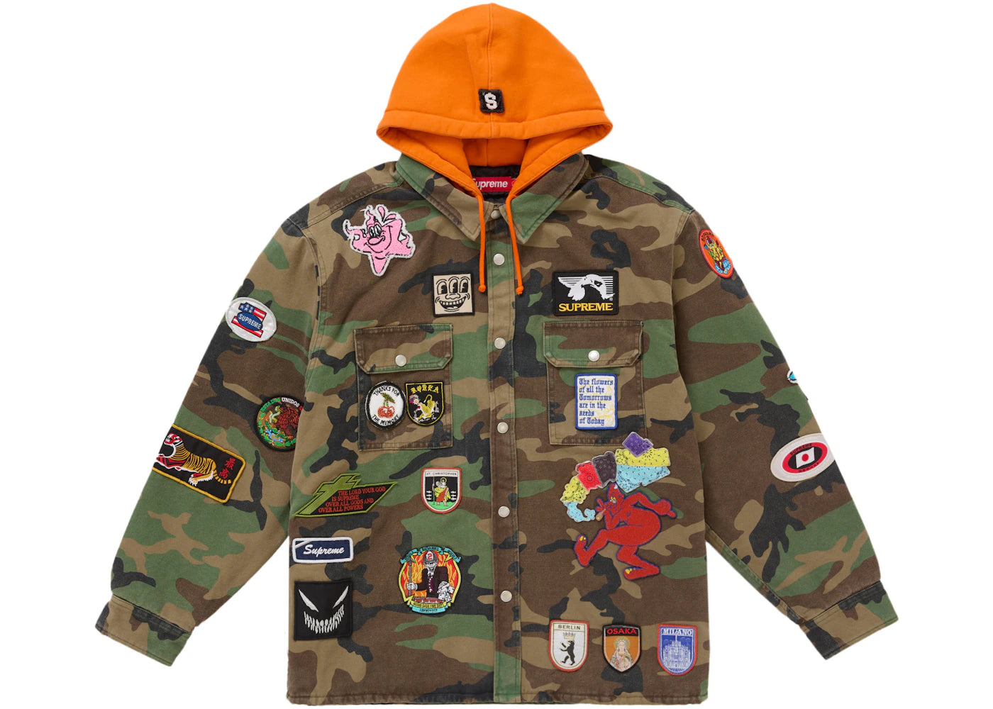 Supreme Patches Hooded Zip Up Shirt Woodland Camo