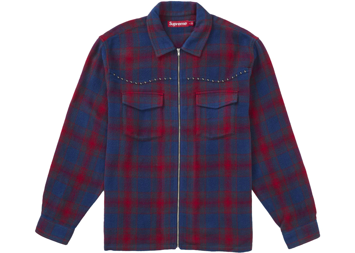 Supreme Studded Shadow Plaid Zip Up Shirt Red