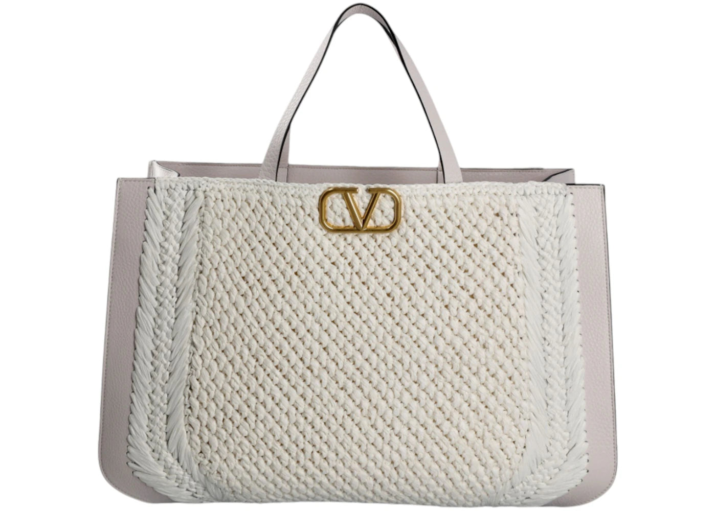 Valentino V'Logo Signature Crochet Raffia Tote Bag Grey/White