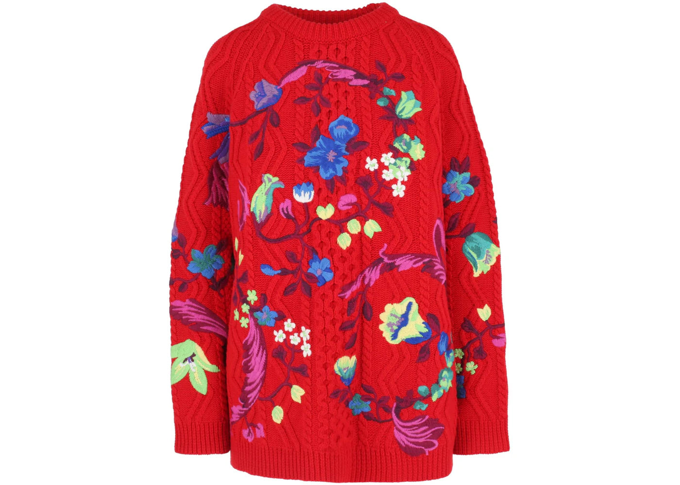 Versace Floral Embroidered Cable Knit Sweater Red