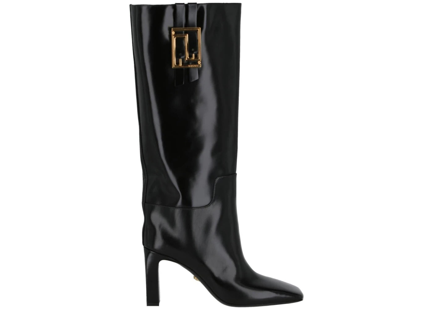 Versace Knee-High Meander Boots Black Leather (Women's)