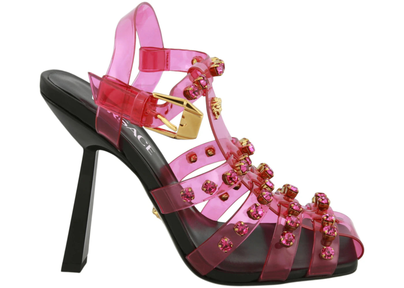 Versace Meduse Cage Embellished Heeled Sandals Pink Black (Women's)