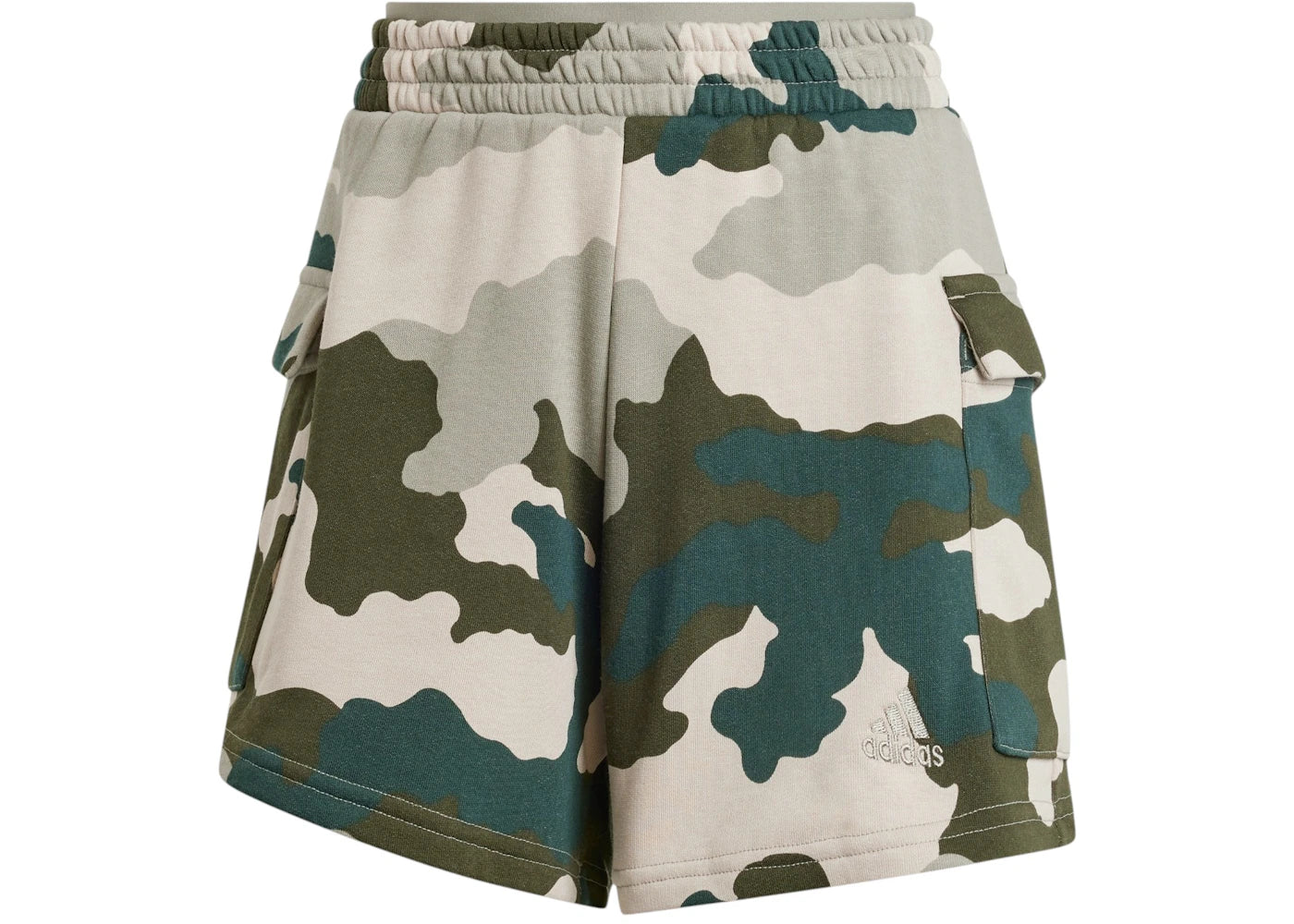 adidas Women's Essentials 3-Stripes Camo-Print Cargo Shorts Silver Pebble