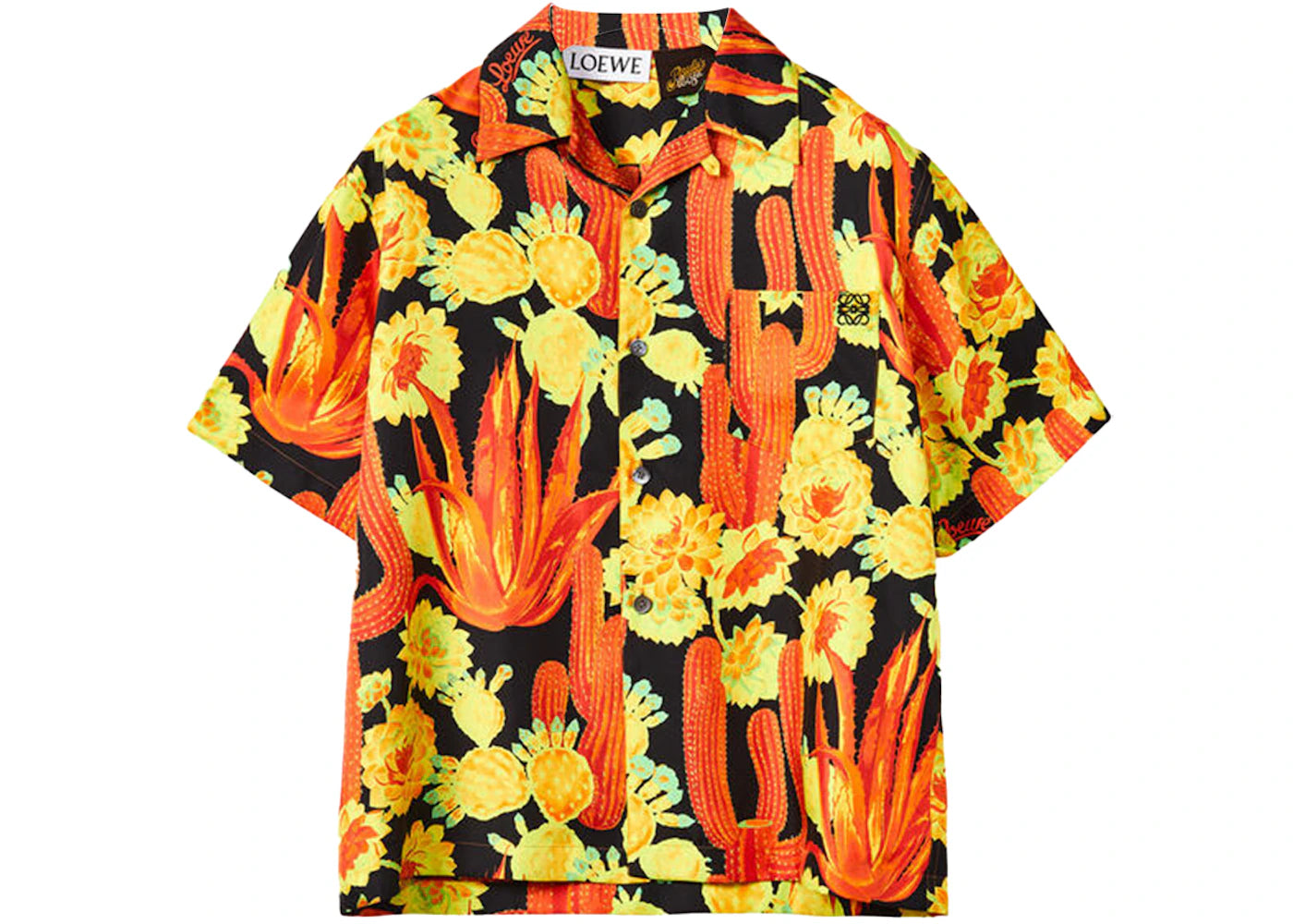 LOEWE Cactus Print Silk Bowling Shirt Black/Yellow